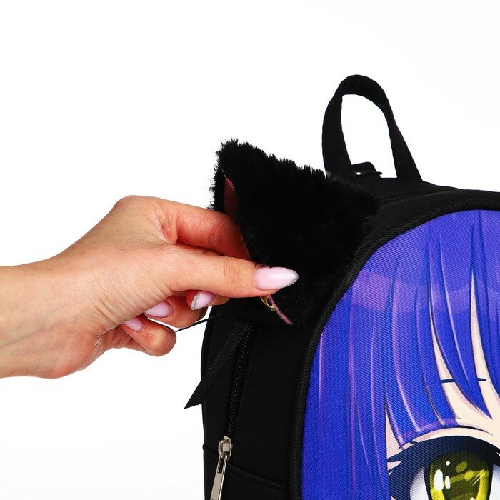 Рюкзак текстильный с ушками на заколках "Аниме", 27*10*23 см, черный/фиолетовый