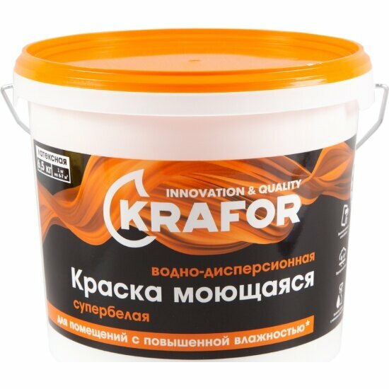 Краска водно-дисперсионная интерьерная моющаяся Krafor , латексная, 6,5 кг, супербелая