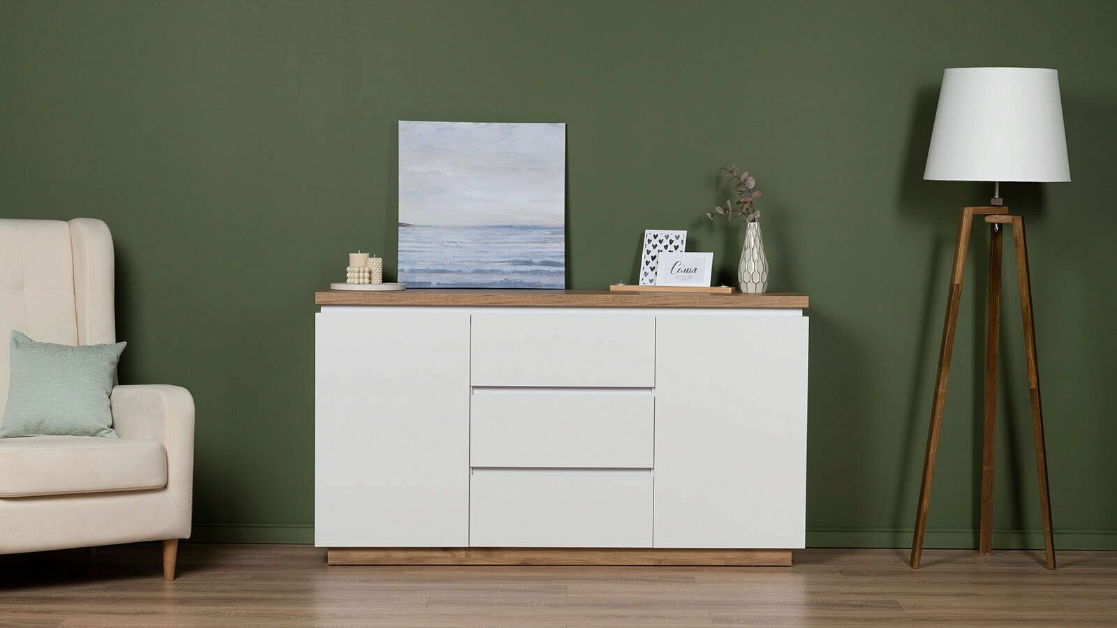 фото Комод двухдверный с ящиками Issa (Исса) 158*088*041 Белый+Дуб минерва