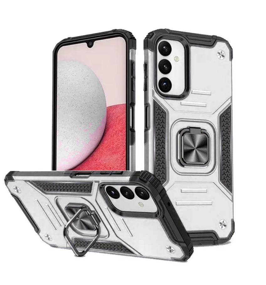 Противоударный чехол для Samsung Galaxy A14 4G серебро с пластиной для магнитного автодержателя и кольцом подставкой