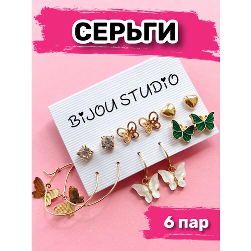 фото Комплект серег bijou.studio набор украшений для девочки, нержавеющая сталь, бижутерный сплав, золотой, зеленый