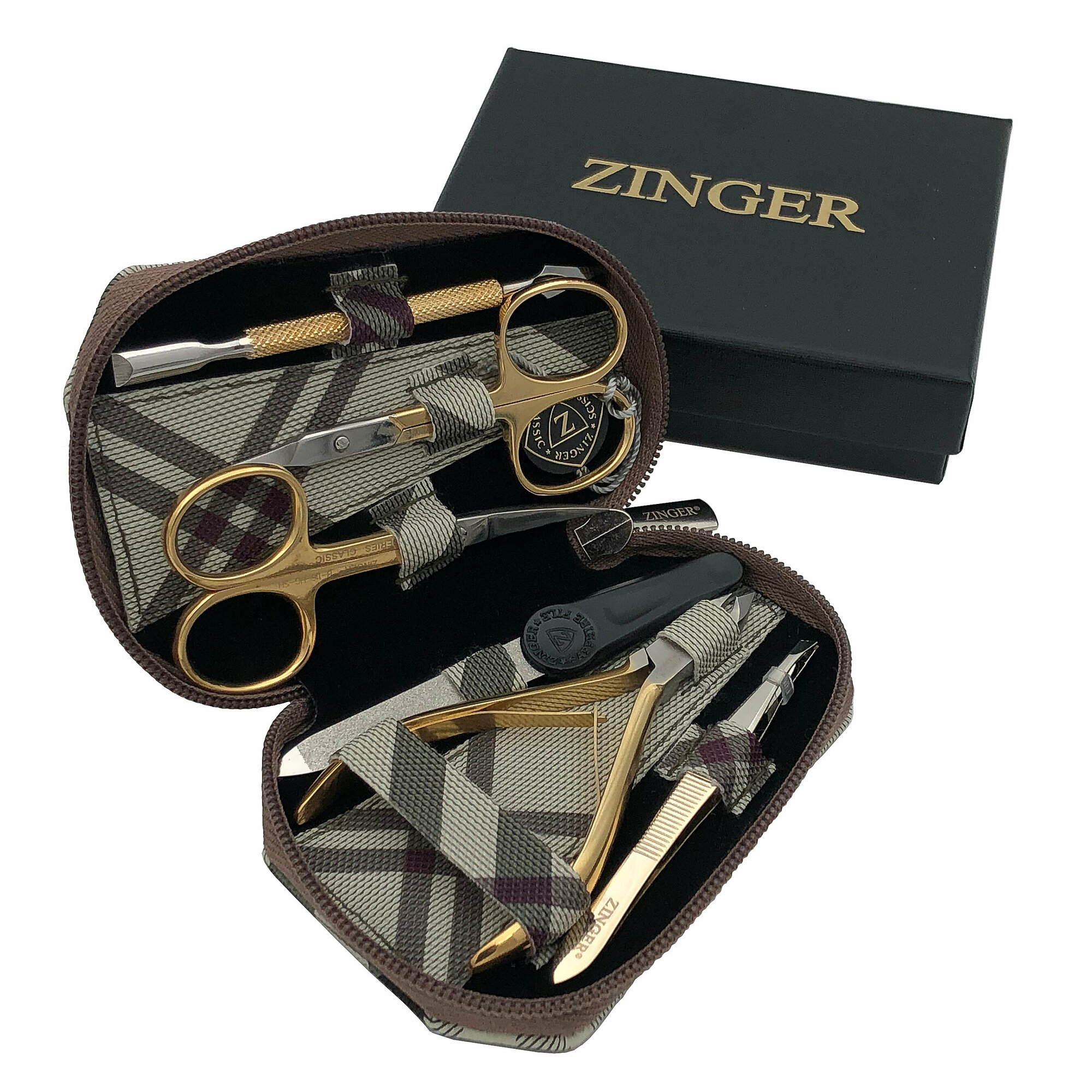 Маникюрный набор Zinger 7103 G, 6 предметов, позолоченный/клетка