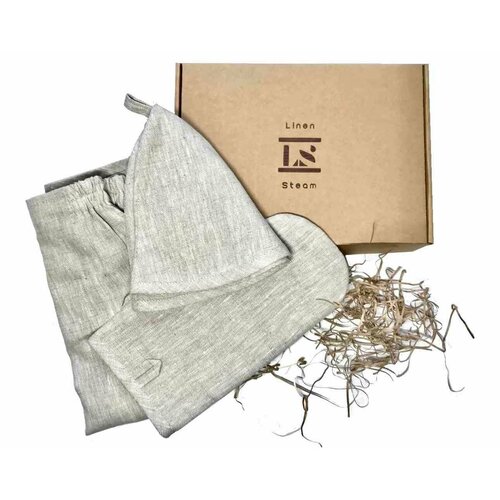 Набор для сауны подарочный Linen Steam Naturel Premium, мужской, лён 100%, шапка, рукавица, килт