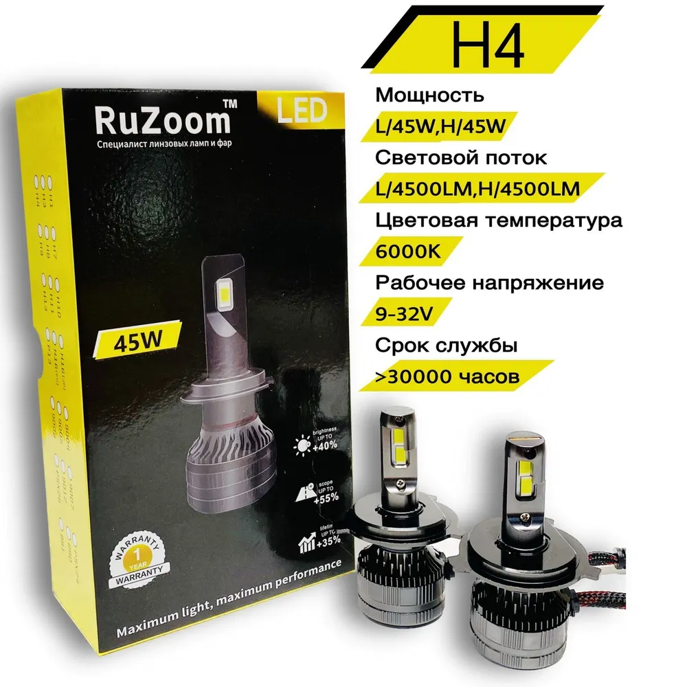 Светодиодные лампы LED 45W RuZoom H4, комплект 2 шт.