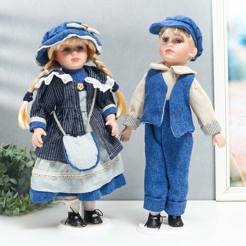 Кукла коллекционная парочка Наташа и Саша, синий вельвет набор 2 шт 40 см