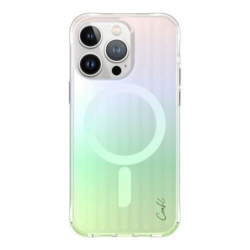Uniq для iPhone 15 Pro чехол COEHL Linear Iridescent (MagSafe) зеленый, розовый, голубой