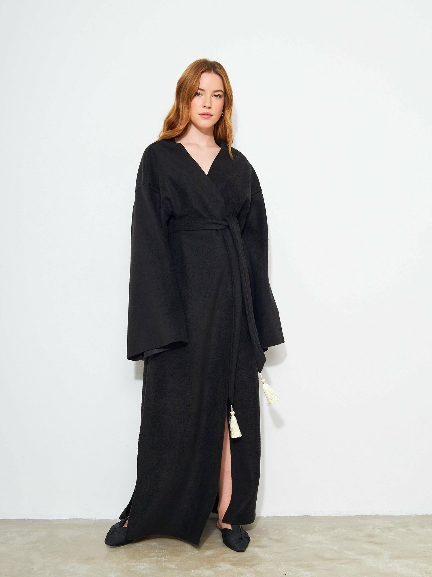 Флисовый халат кимоно кардиган длинный макси черный - фотография № 6