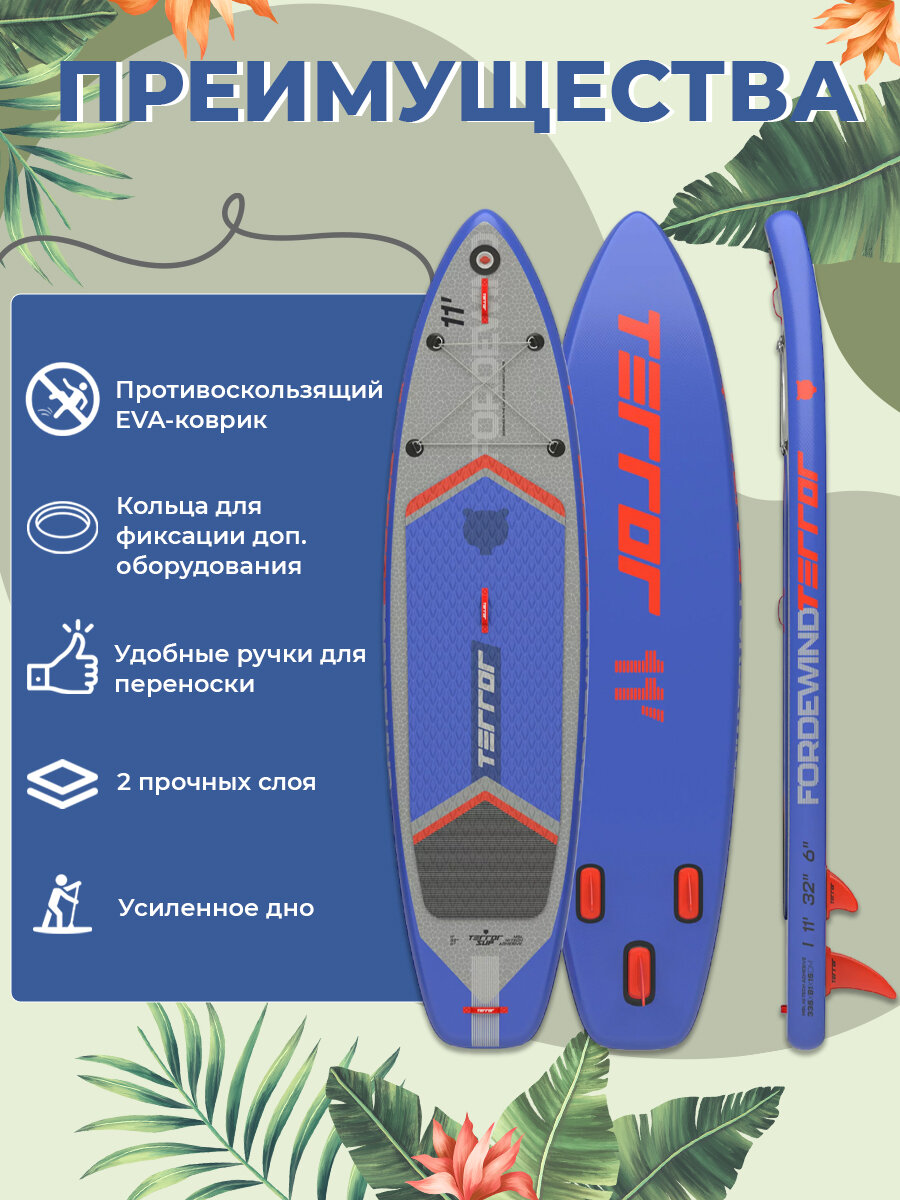 Cап борд надувной двухслойный TERROR SUP Blue 11' FORDEWIND голубая / Sup board, сапборд, доска для сап серфинга - фото №10