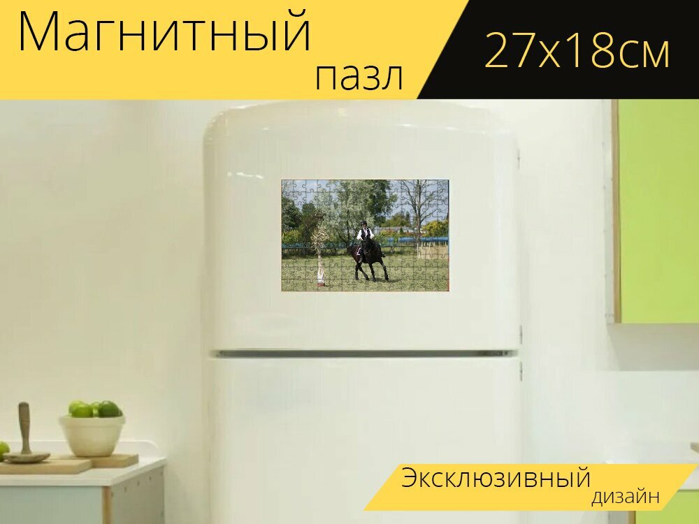 Магнитный пазл "Езда на лошади, конный спорт, выездка" на холодильник 27 x 18 см.