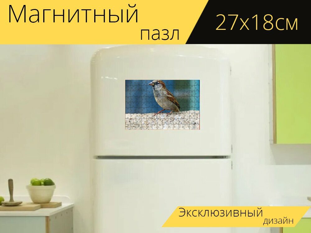 Магнитный пазл "Общий воробей, воробей, птица" на холодильник 27 x 18 см.