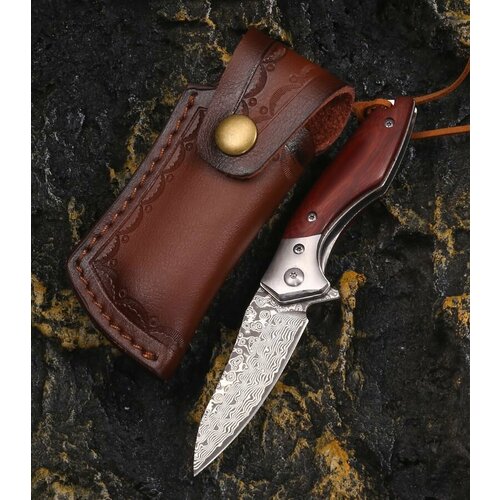 Нож складной, дамасская сталь, Night stalker с кожаным чехлом охотничий / походный / туристический авторский нож волк дерево туристический нож из дамасской стали