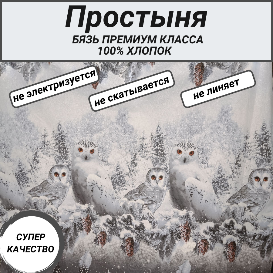 Простыня евро (200х220) "Совы" СПАЛЕНКА78, бязь Премиум класса