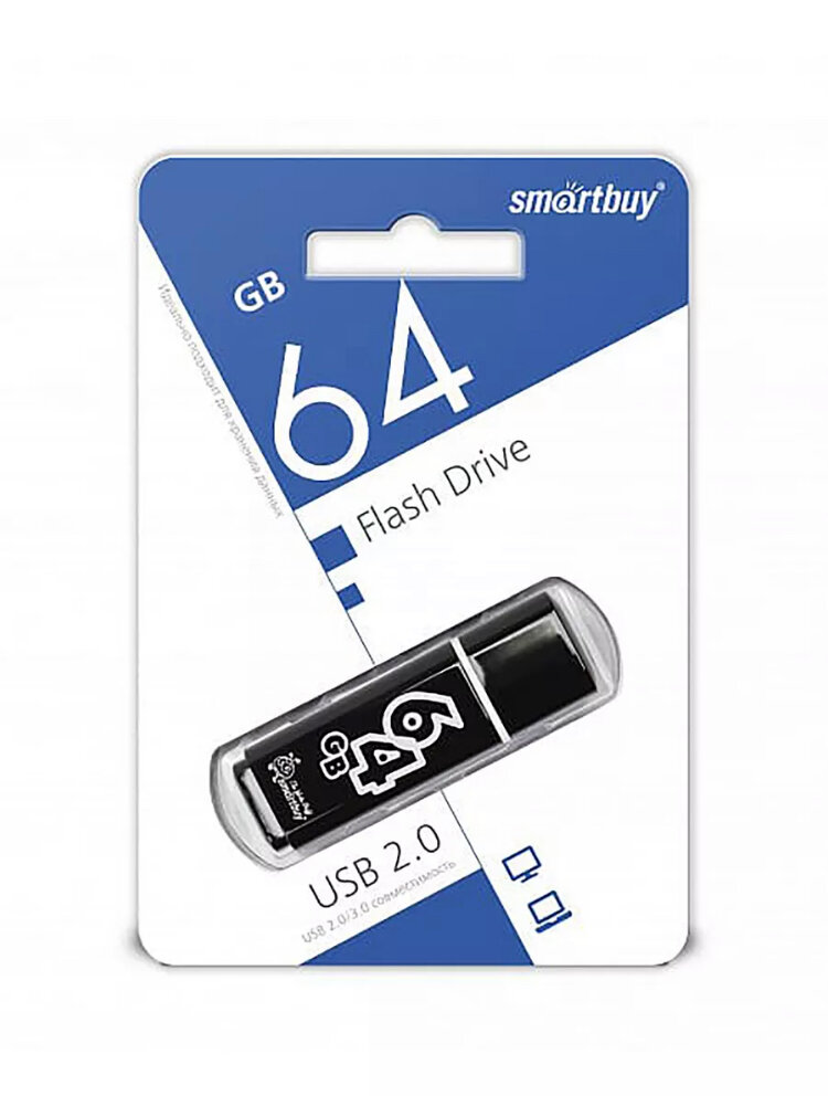 Флешка SmartBuy Glossy USB 2.0 64 ГБ, 1 шт, смолистый черный