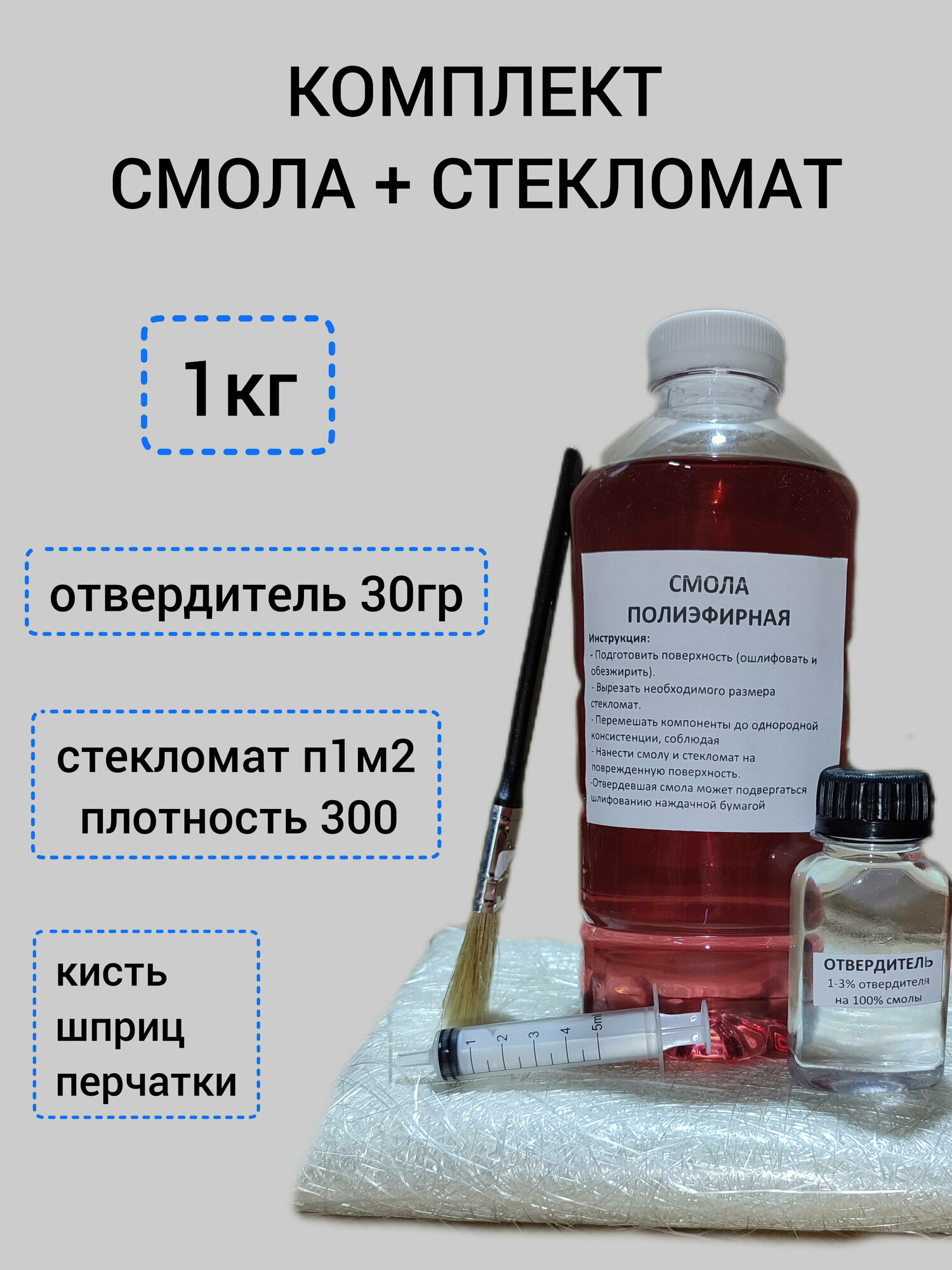 Набор смола полиэфирная 1кг с отвердителем, стекломат JUSHI 1м2,для ремонта авто, лодок, изготовление подиумов для авто и др. .