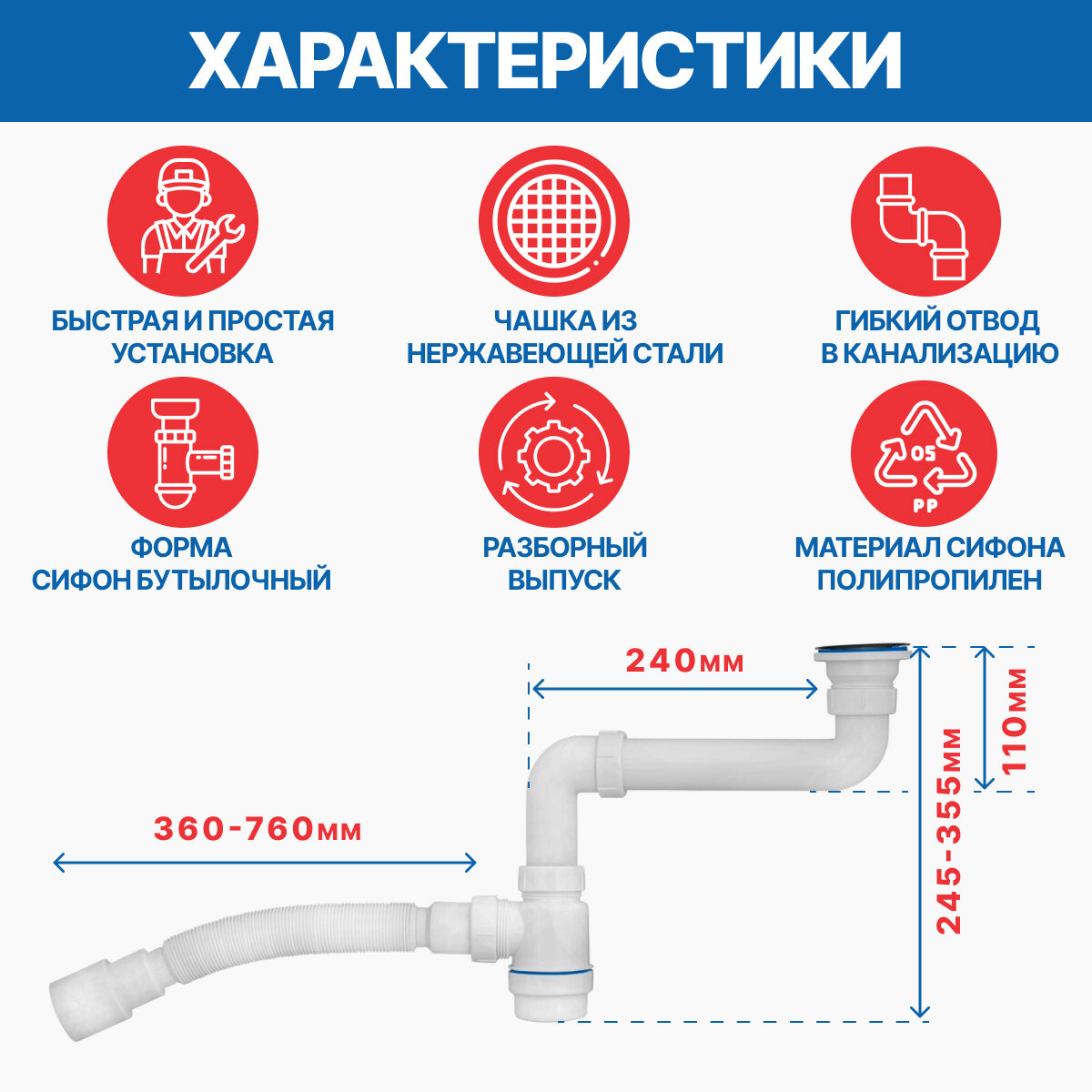 Сифон для раковины 1.1/2"х40 с гибкой трубой 40х40/50 - фотография № 2