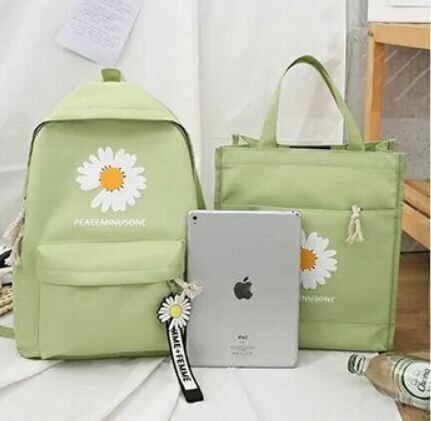 фото Стильный рюкзак для девочек, выгодный комплект 4 в 1: рюкзак, шопер, маленькая сумка, пенал; школьный портфель зелёного цвета