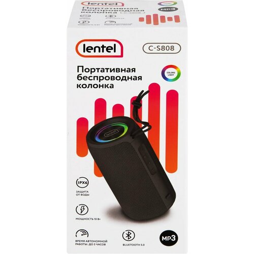 Портативная беспроводная колонка Lentel C-S808/Защита от воды IPX6/Bluetooth 5.0/10 Вт/LED-подсветка