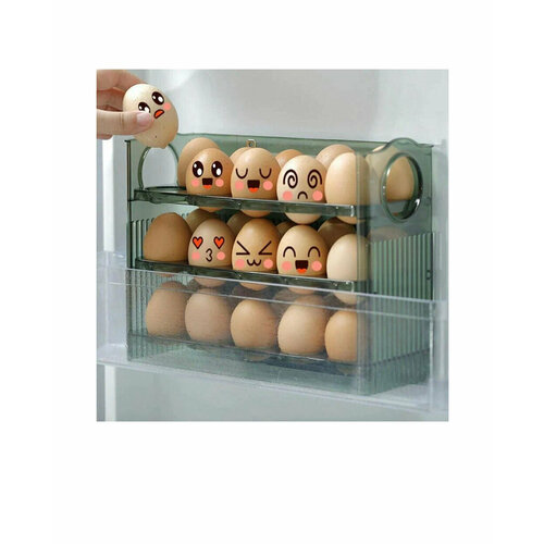 Подставка держатель, полка в дверь для хранения яиц / Ячейки органайзер на 30шт, пластиковый лоток контейнер в холодильник, зеленый