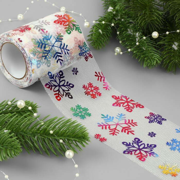 Фатин новогодний КНР Со снежинками, с разноцветным тиснением, 7,5 см, 11+-1 г/м2, 9,1+-0,5 м, цвет №33, Белый (№33)