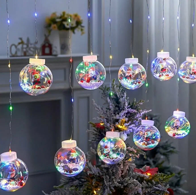 Гирлянда электрическая New Year 2024 Шарики прозрачные с Дед Морозом /Светодиодная/10шариков/3метра/Занавес/Штора/8 режимов/Разноцветная