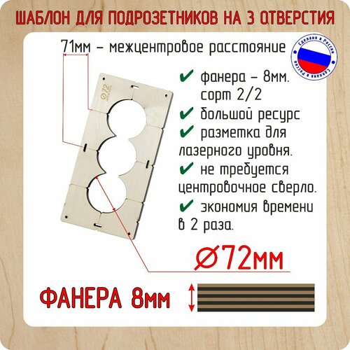 фото Шаблон для сверления подрозетников на 3 отверстия для коронки диаметром 72 мм, толщина фанеры 8 мм crystal box