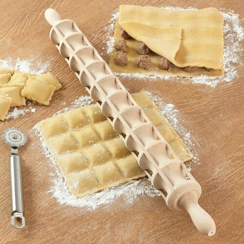 Скалка для равиоли из букового дерева, диаметр 5 см, 50 см - 44 равиоли 40x30 мм.