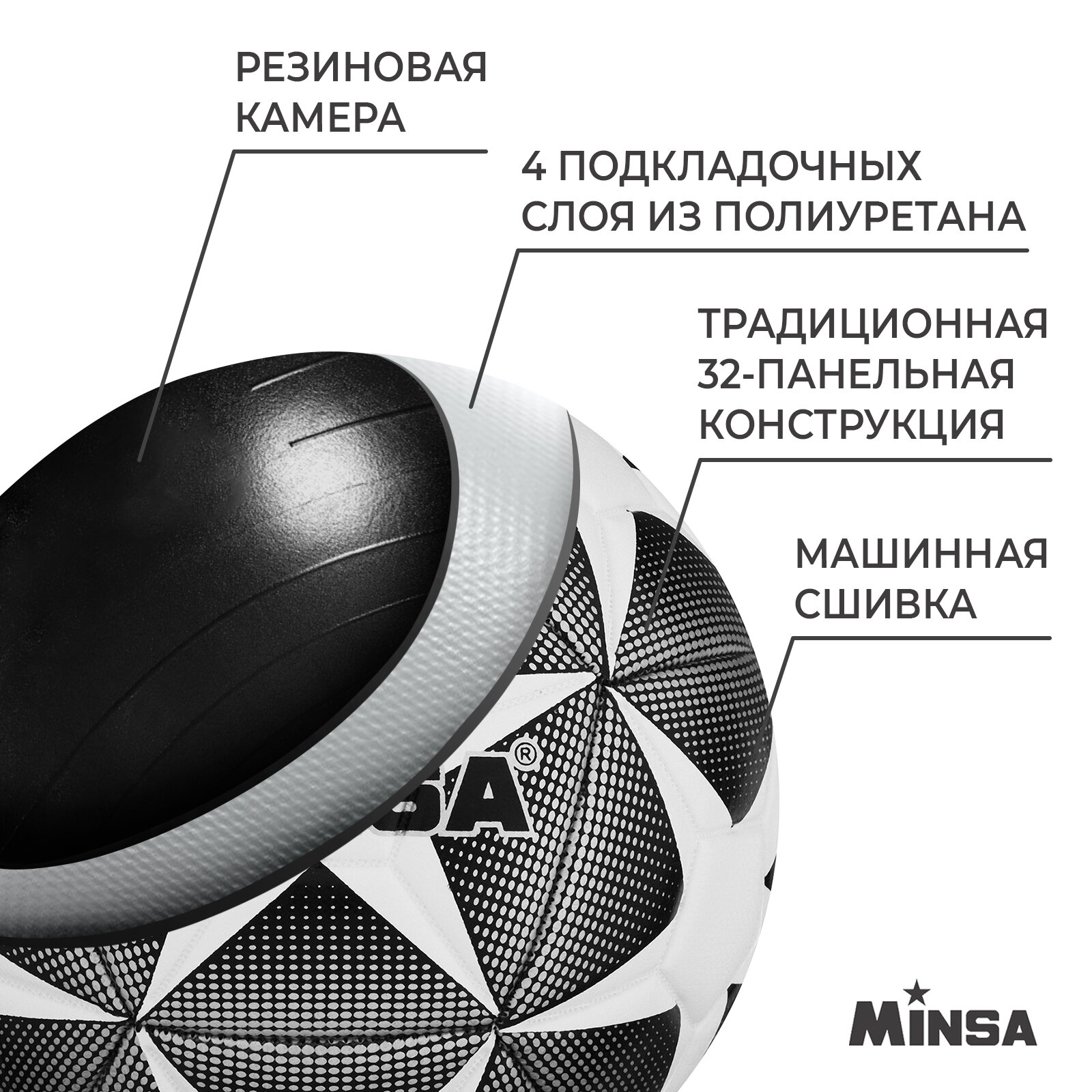 Мяч футбольный MINSA, черно-белый, размер 4, 32 панели, PU, 4 подслоя