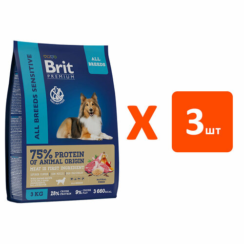 BRIT PREMIUM DOG ADULT SENSITIVE для взрослых собак всех пород с чувствительным пищеварением с ягненком и рисом (3 кг х 3 шт) brit premium dog adult large