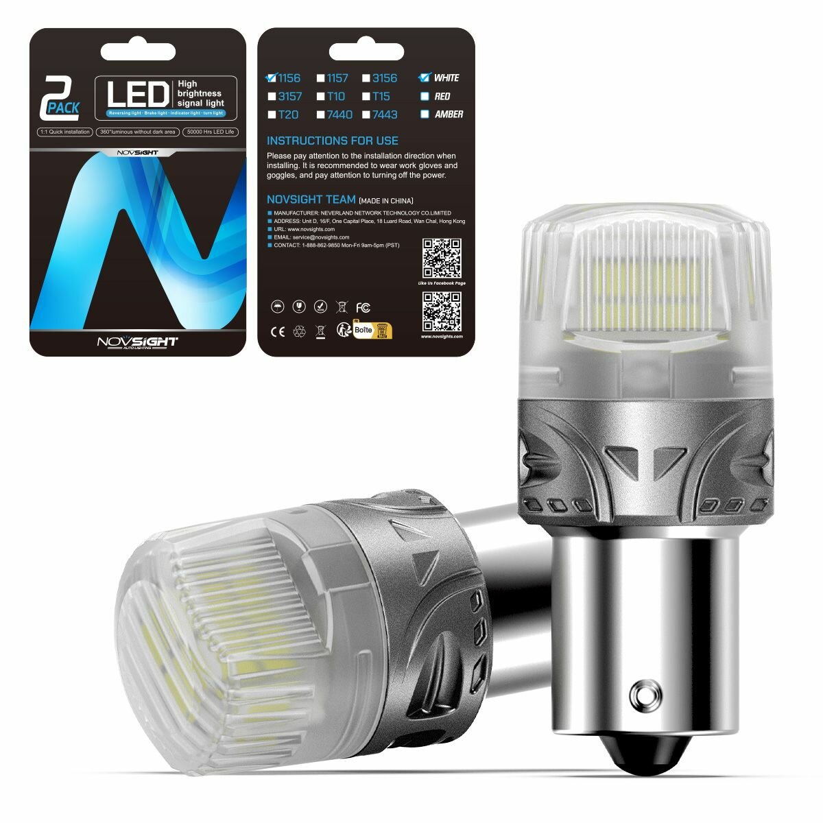 Светодиодная лампа Novsight SL9 1156 P21W цоколь BA15S 2шт одноконтактная белый свет LED автомобильная