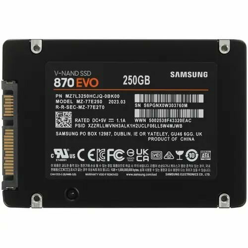 Твердотельный накопитель SSD Samsung 25 250GB 870 EVO Client SSD SATA 6Gbs 560530 IOPS 9888K MTBF 15M 3D V-NAND TLC 512MB 150TBW 033DWPD 486900₽