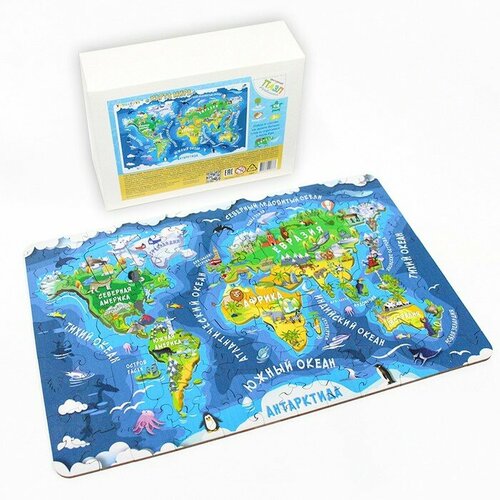 Пазл «Карта мира - материки и океаны», YOSHATOYS, материал дерево