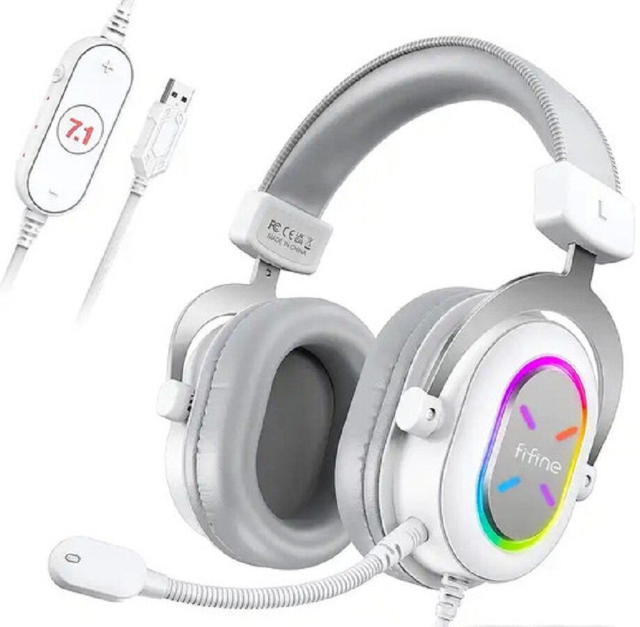 Игровая компьютерная гарнитура Fifine H6X Gaming Headsets с RGB подсветкой объемный звук 7.1 (White)