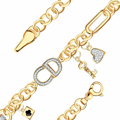 фото Браслет diamant online, золото, 585 проба, фианит, оникс, длина 19 см.