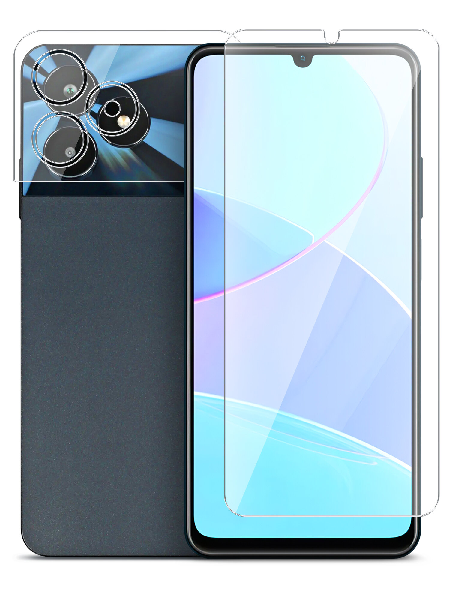 фото Защитное стекло для Realme C51 (Реалми С51) на Экран и Камеру, (гибридное: пленка+стекловолокно), прозрачное тонкое Hybrid Glass, Brozo