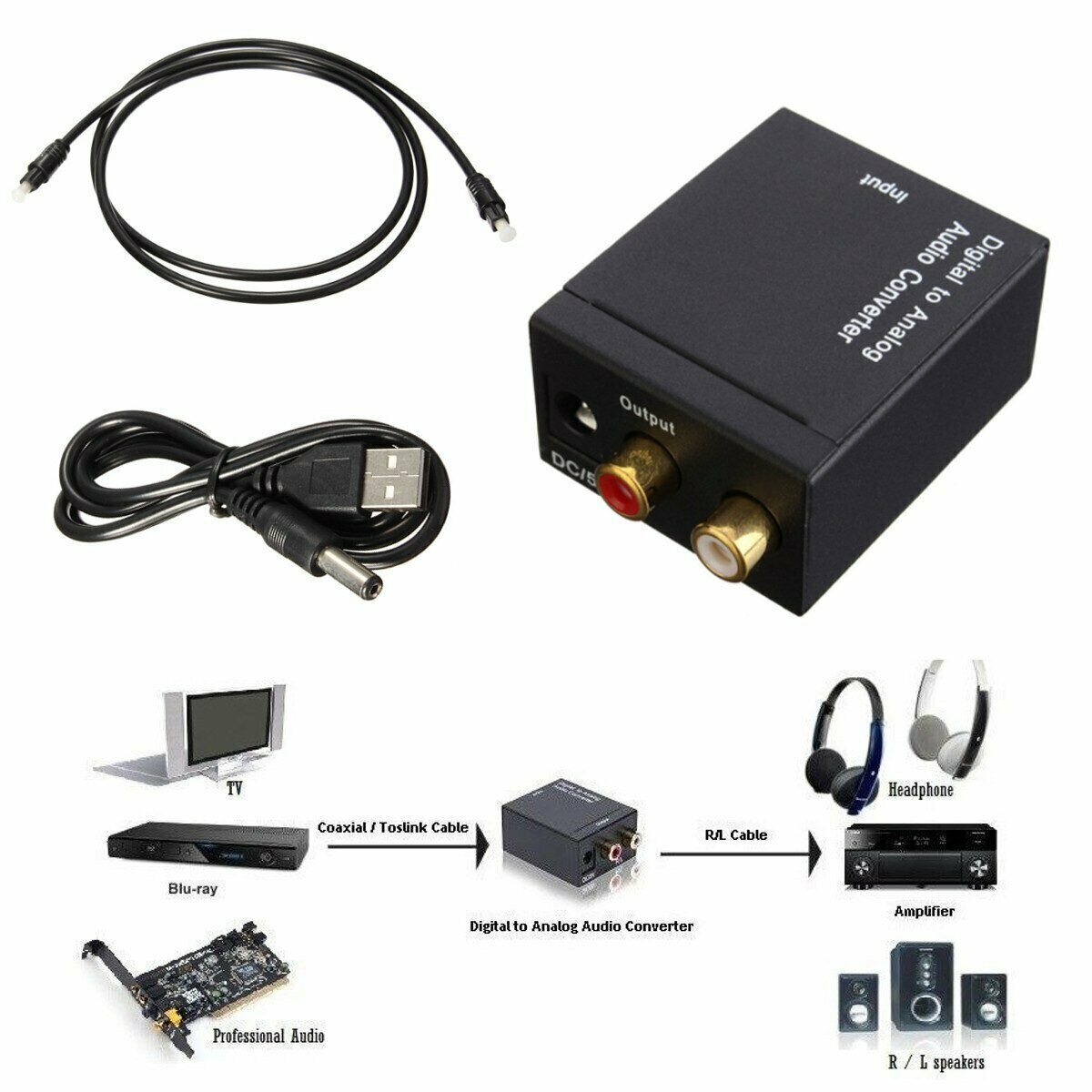 Адаптер AV Converter Toslink 285C ( С цифрового coaxial / toslink в аналоговый AV аудио сигнал ) С оптическим кабелем и Адаптером питания