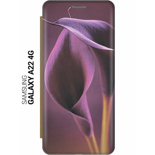 Чехол-книжка на Samsung Galaxy A22 / M32 / M22 / Самсунг А22 / М32 / М22 c принтом Сиреневые каллы золотистый чехол книжка на samsung galaxy a22 m32 m22 самсунг а22 м32 м22 с 3d принтом сиреневые одуванчики золотой