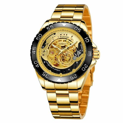 фото Наручные часы новые роскошные мужские часы t-winner водонепроницаемые наручные часы из нержавеющей стали, черный, золотой