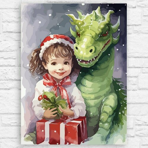 фото Картина по номерам на холсте новый год деревянный зеленый дракон (год дракона, рождество, фэнтези) - 12793 40х30 бруталити
