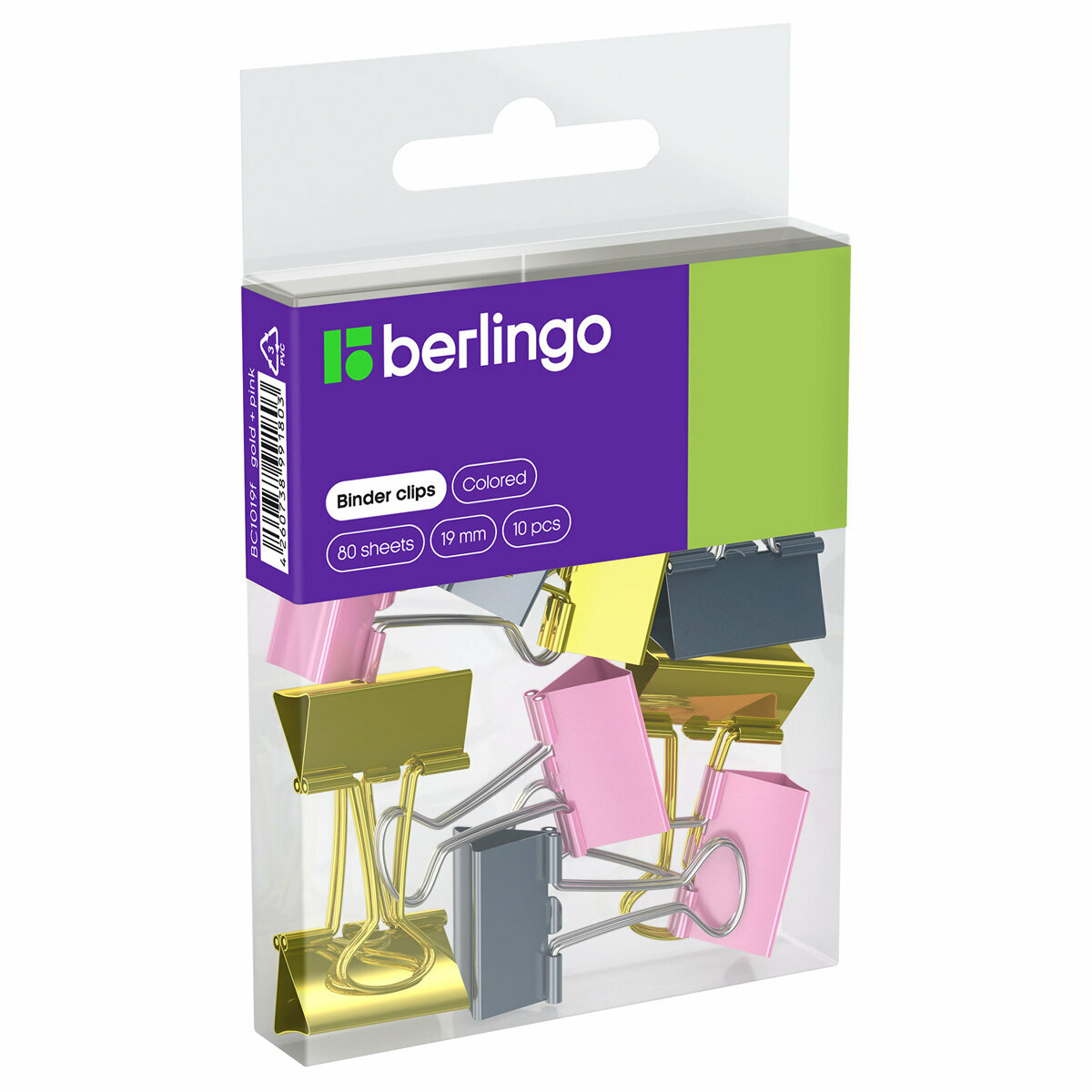 фото Зажимы для бумаг 19мм, Berlingo, 10шт, цветные, ПВХ упак, европодвес, розовый+золотой, 2 штуки