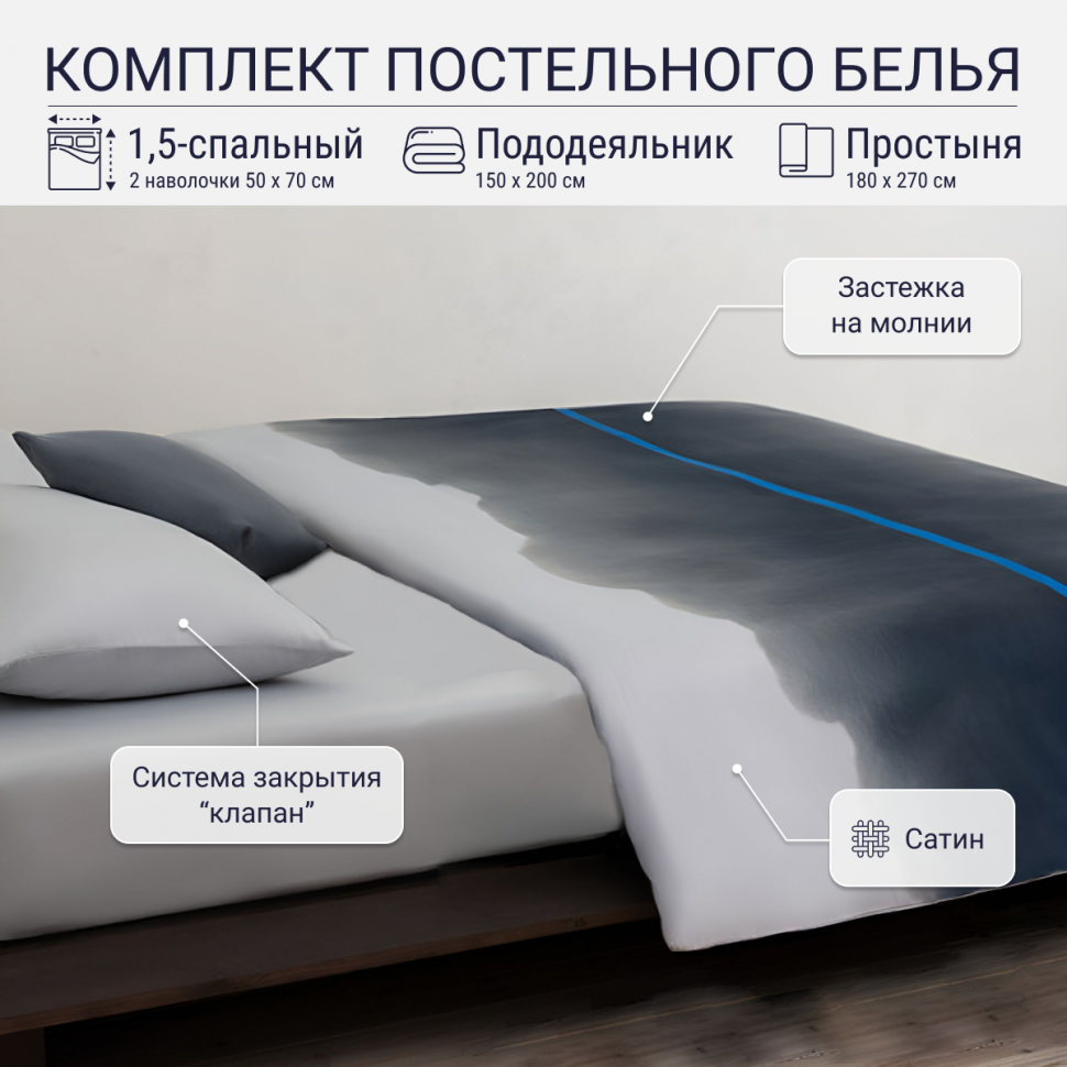 Комплект постельного белья TKANO 1,5-спальный из умягченного сатина из коллекции Slow Motion Electric blue