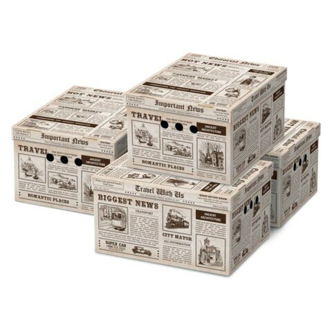 фото Короб для хранения из плотного микрогофрокартона 330х250х185 мм, комплект 4 шт, BRAUBERG HOME "Газета", 271814 271814