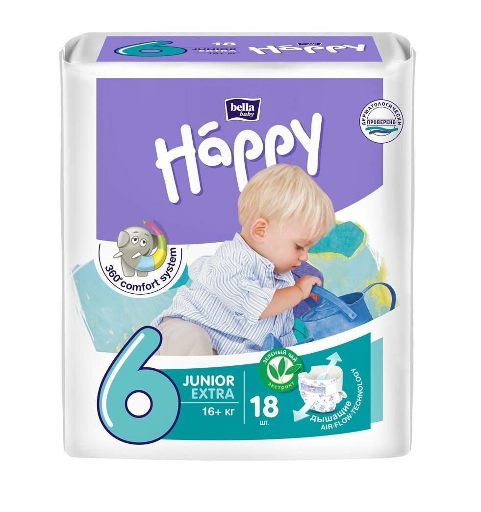 Подгузники гигиенические для детей под товарным знаком "bella baby happy" junior extra по 18 шт. вес 16+ кг ООО Белла - фото №3