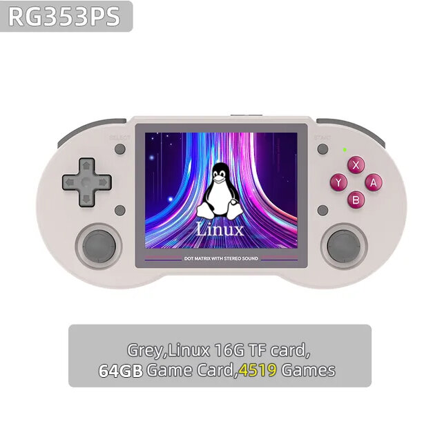 ANBERNIC RG353PS, 3,5 дюйма, 3500 мА*ч, IPS экран, 16000 игр, 16 + 64 Гб, серый