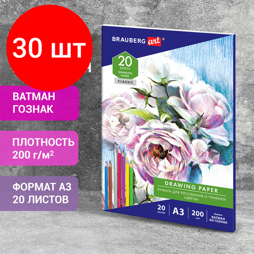 Комплект 30 шт, Бумага для рисования в папке большая А3, 20 л, 200 г/м2, ватман гознак, BRAUBERG ART CLASSIC, 114491