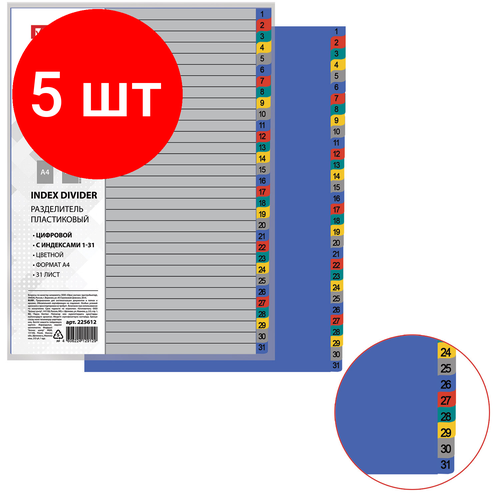 Комплект 5 шт, Разделитель пластиковый BRAUBERG, А4, 31 лист, цифровой 1-31, оглавление, цветной, 225612