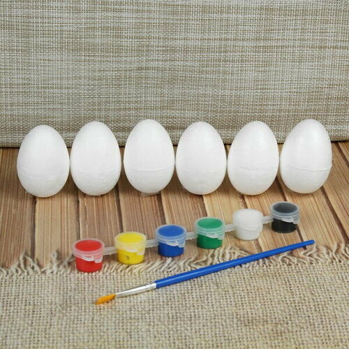 Набор яиц под раскраску 6 шт, размер 1 шт: 4 x 6 см, краски 6 шт. по 3 мл, кисть
