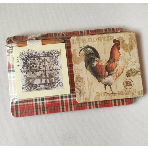 Магнит на холодильник деревянный ручная работа с блоком для записей Петух арт.003660