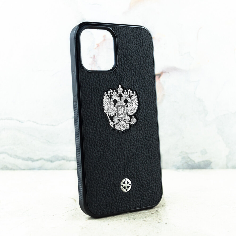 Чехол iPhone 15 Pro Max / Euphoria Premium Leather Black - Герб РФ - Euphoria HM Premium - натуральная кожа — фото 1