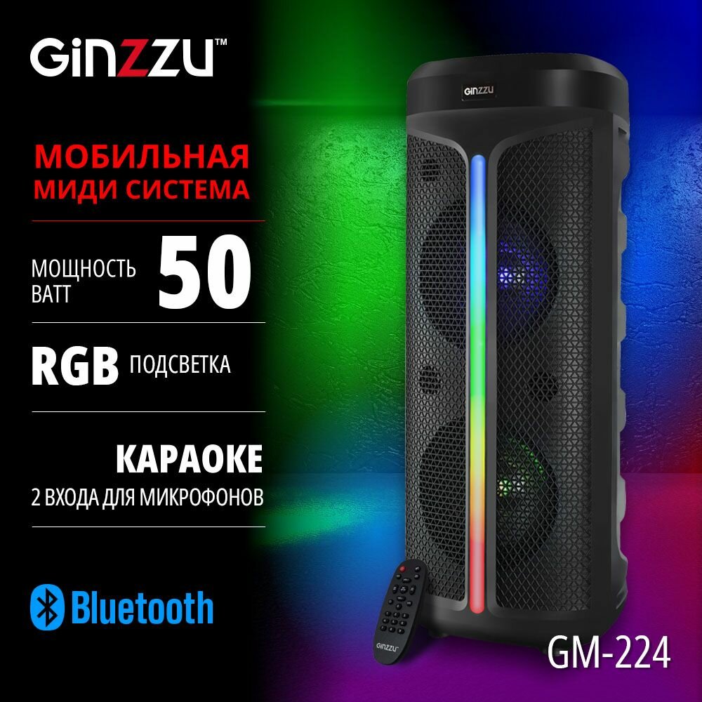 фото Портативная беспроводная блютуз колонка / Акустическая система MIDI Ginzzu GM-224 с Bluetooth, 50Вт, 2 динамика по 8 дюймов + твиттер, LED-дисплей, TWS, USB-flash, microSD, FM-радио, пульт ДУ, эквалайзер, 2 микрофонных входа