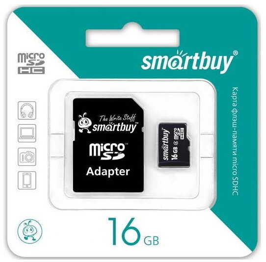 MicroSDHC 16GB Smart Buy Сlass 10 (с адаптером SD)